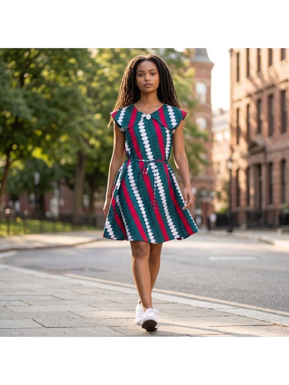 African Print Collared Fit N Flare Ankara Dress Red Green Sz L‎ Geometric